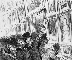 Konstnär tröstas på Parissalongen 1859 över placeringen av sitt verk i utställningen, karikatyr från tidskriften »Le Charivari«, 20 april 1859